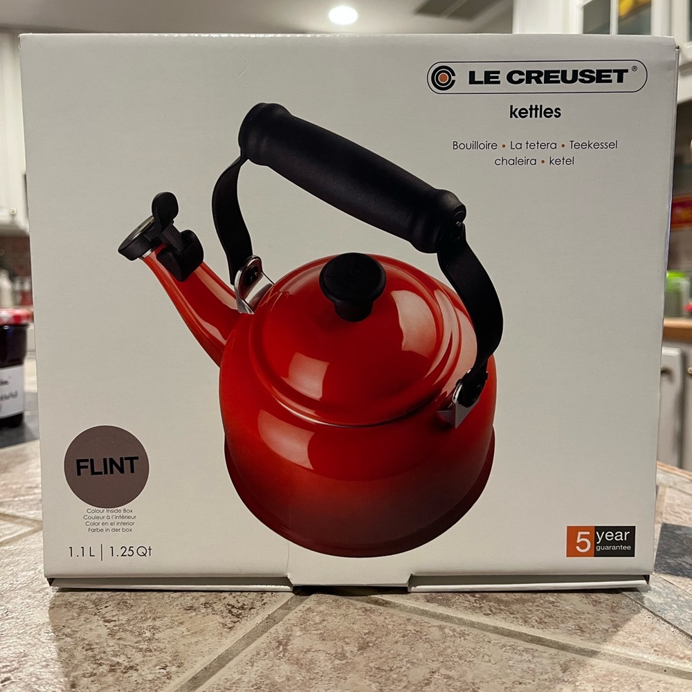 Le Creuset 1.25 qt tea kettle.